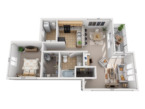 One bedroom and one bathroom floor plan and balcony on a 1122 sq ft home